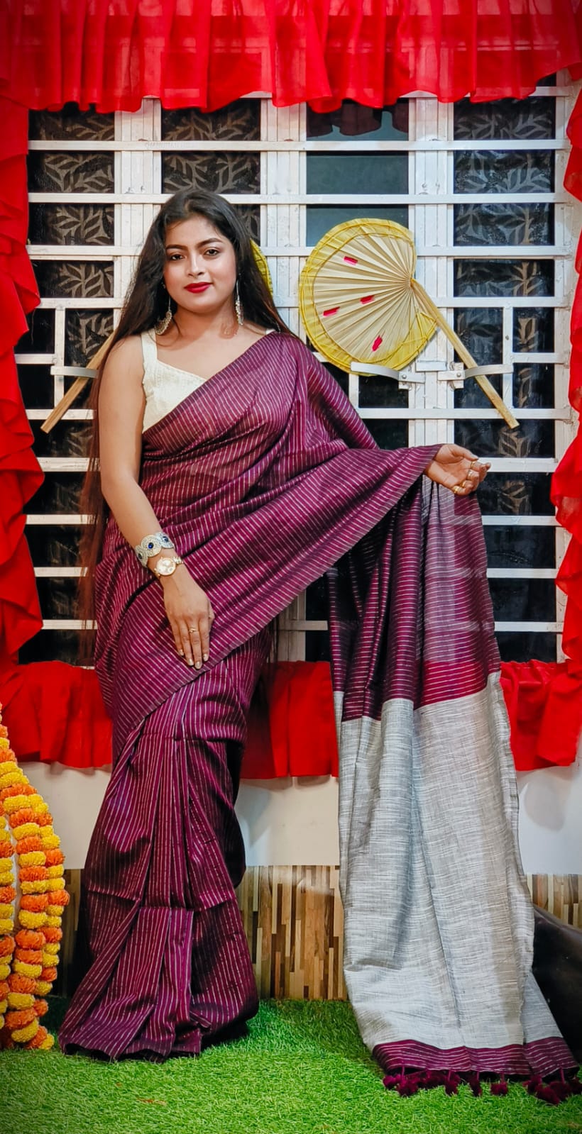 Striped Khadi Cotton Saree with Ghicha Work Pallu - Image 6