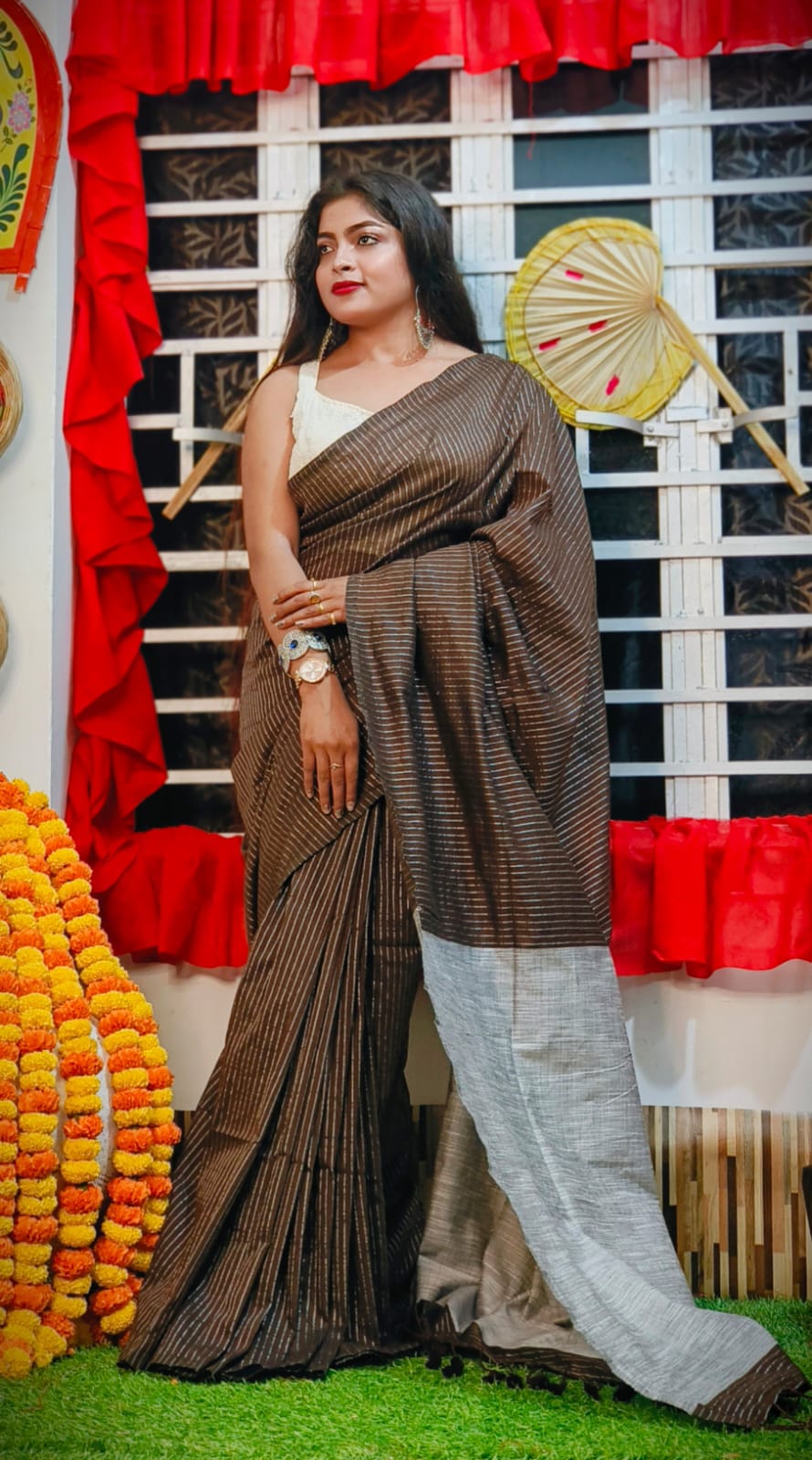 Striped Khadi Cotton Saree with Ghicha Work Pallu - Image 8