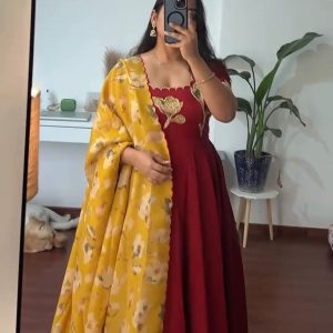 Vichitra Hand Painted Maggam Work Gown with Dupatta