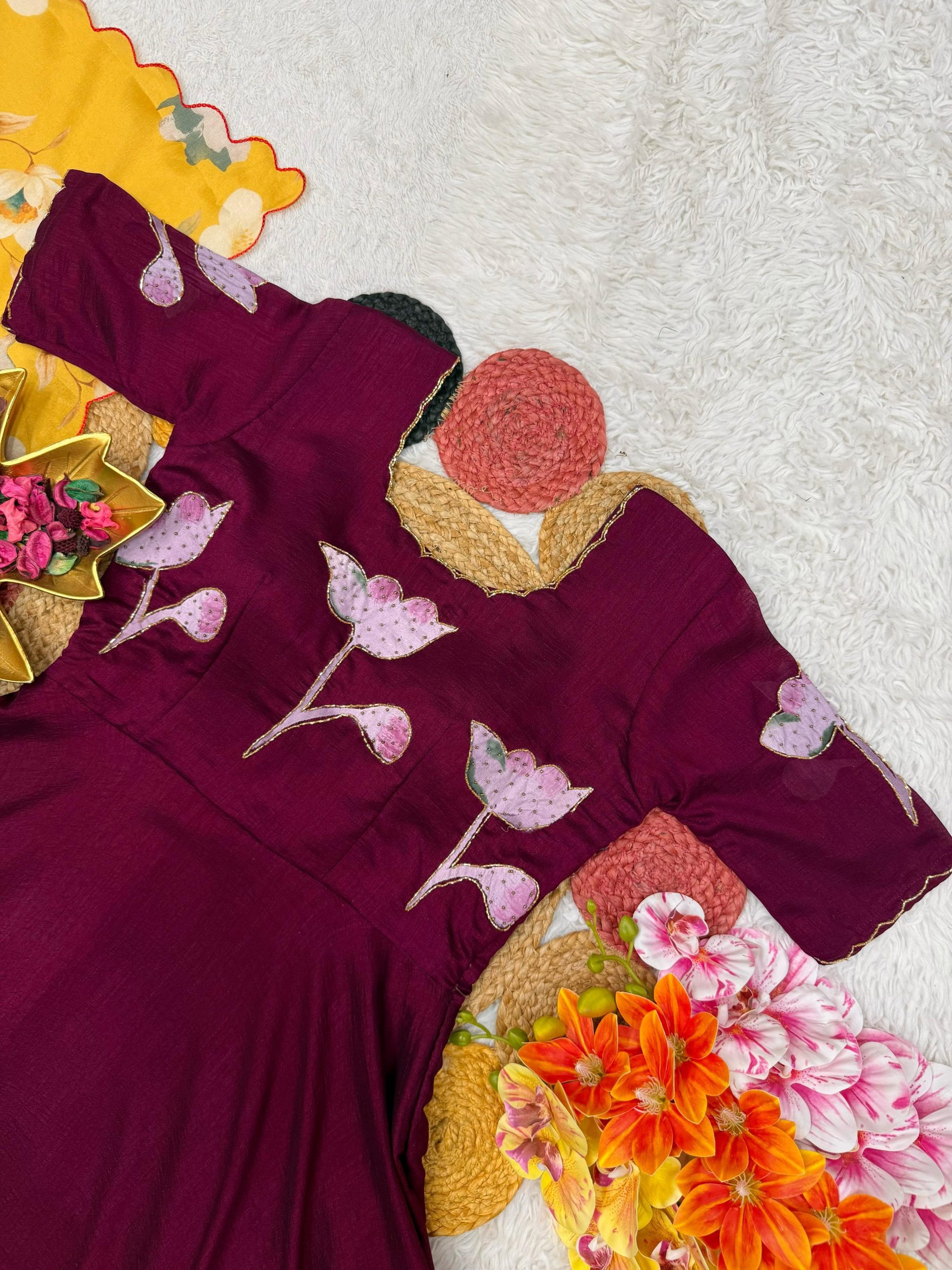 Vichitra Hand Painted Maggam Work Gown with Dupatta - Image 2