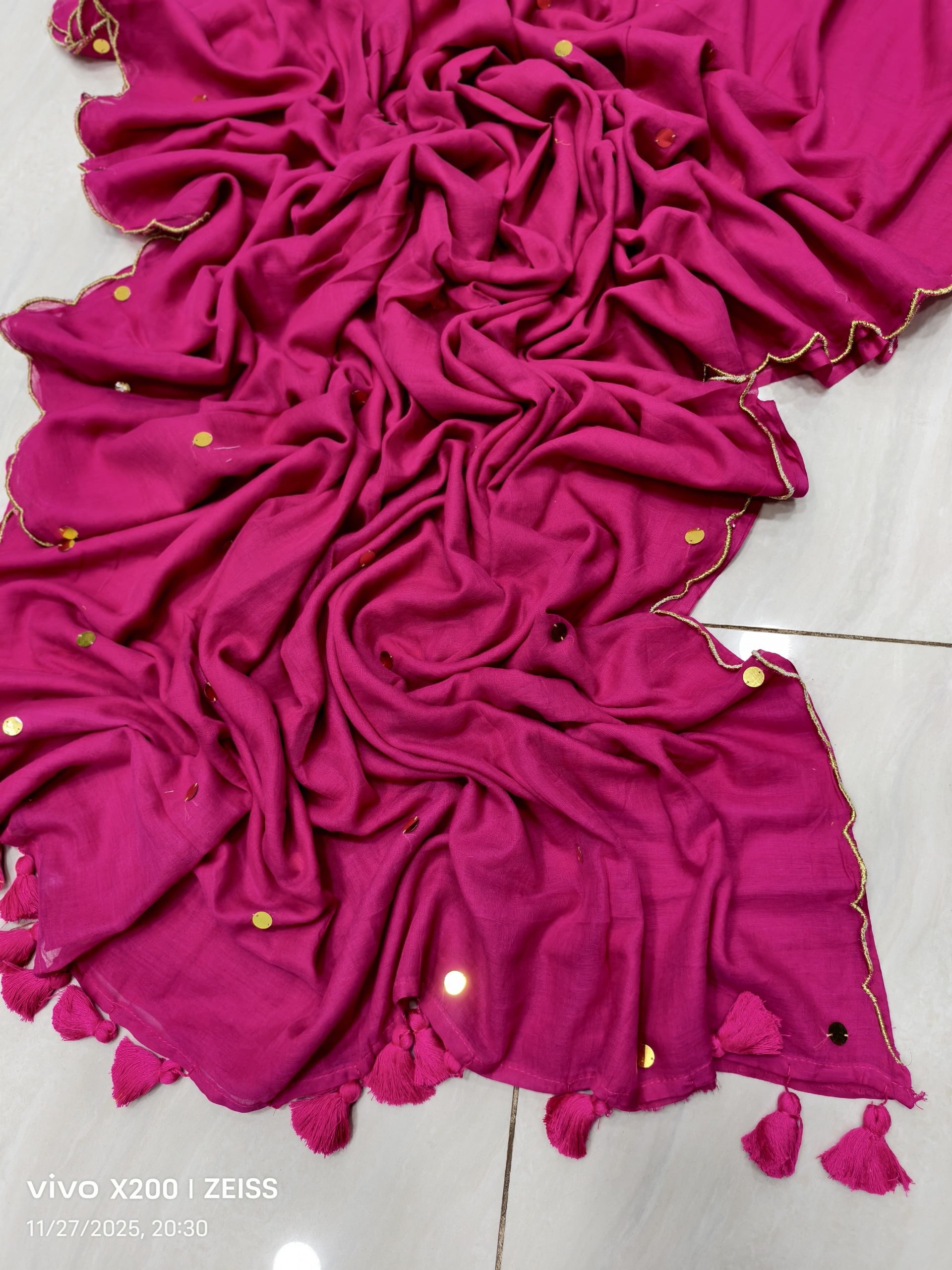 Border Cut Work Sequence Cotton Saree - Image 3