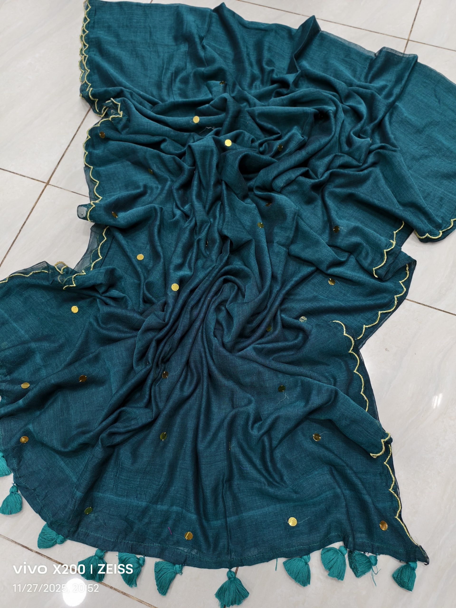 Border Cut Work Sequence Cotton Saree - Image 5