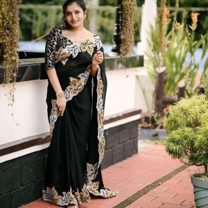Black Paan Satin Chiffon Embroidery Saree