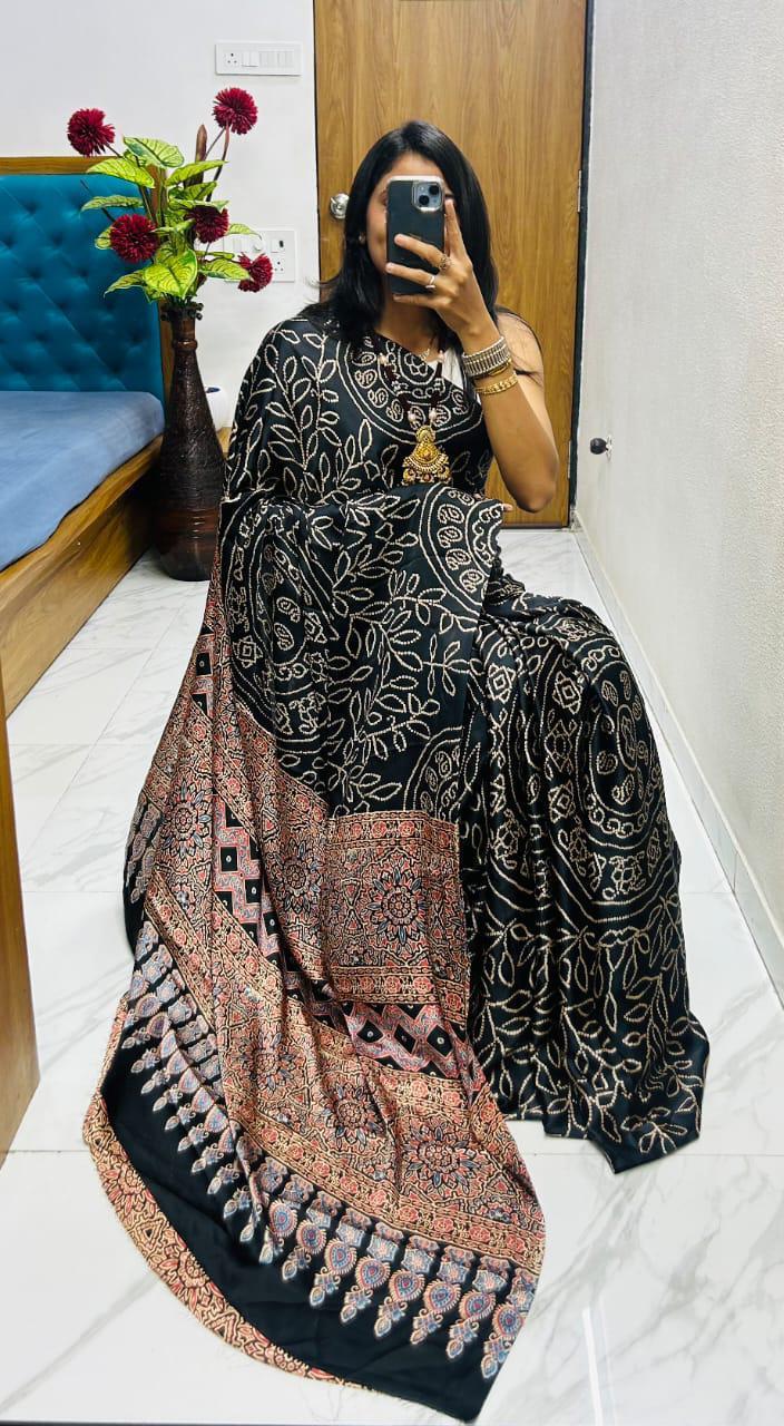 “Ajrakh Bandhej Gajji Silk Saree - Image 17