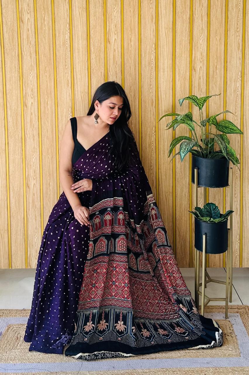 “Ajrakh Bandhej Gajji Silk Saree - Image 34