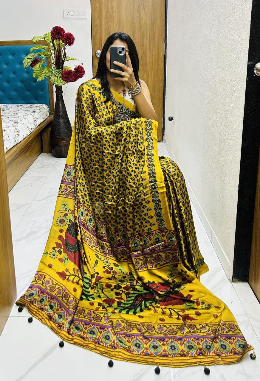 “Ajrakh Bandhej Gajji Silk Saree - Image 42
