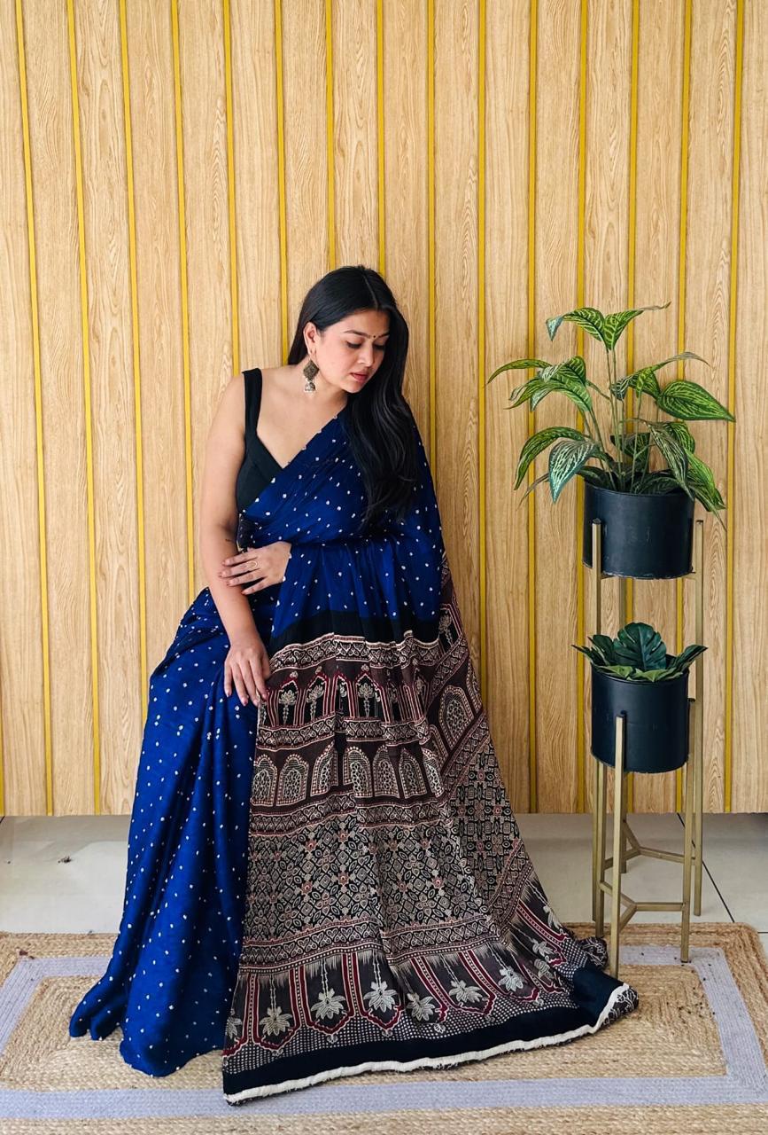 “Ajrakh Bandhej Gajji Silk Saree - Image 43