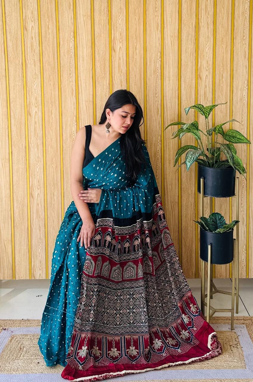 “Ajrakh Bandhej Gajji Silk Saree - Image 46