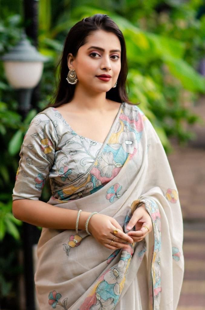 Pencil Linen Embroidery Elegant Saree - Image 9