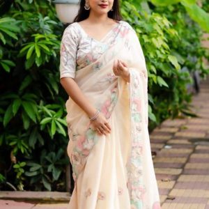 Pencil Linen Embroidery Elegant Saree