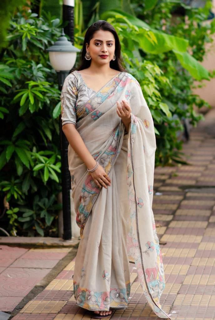 Pencil Linen Embroidery Elegant Saree - Image 14