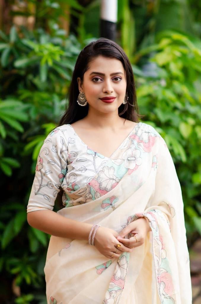 Pencil Linen Embroidery Elegant Saree - Image 2