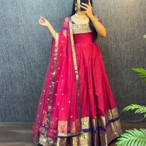 Pongal Exclusive Narayanpet Silk Gown with Butterfly Net Dupatta