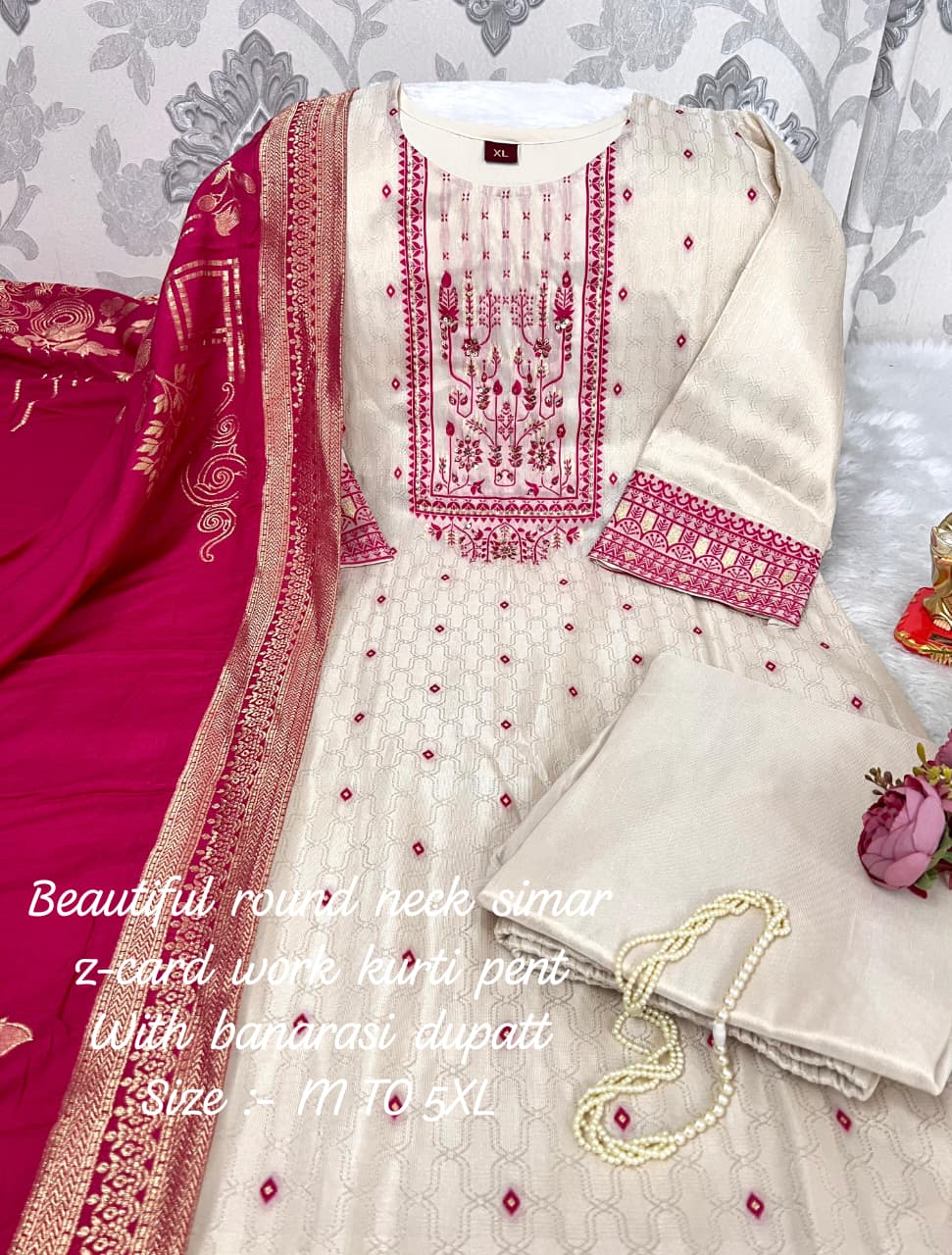 Shimmer Jacquard Silk Handwork Wedding Suit with Pant & Chanderi Dupatta - Image 17