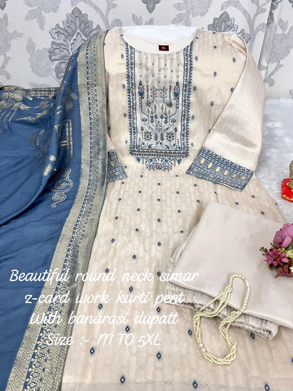 Shimmer Jacquard Silk Handwork Wedding Suit with Pant & Chanderi Dupatta - Image 9