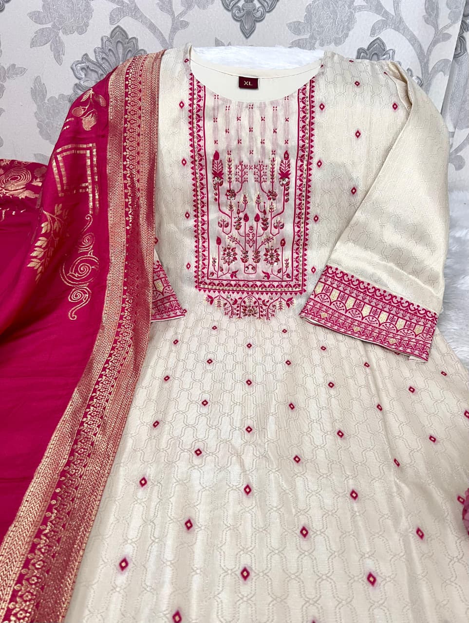 Shimmer Jacquard Silk Handwork Wedding Suit with Pant & Chanderi Dupatta - Image 14