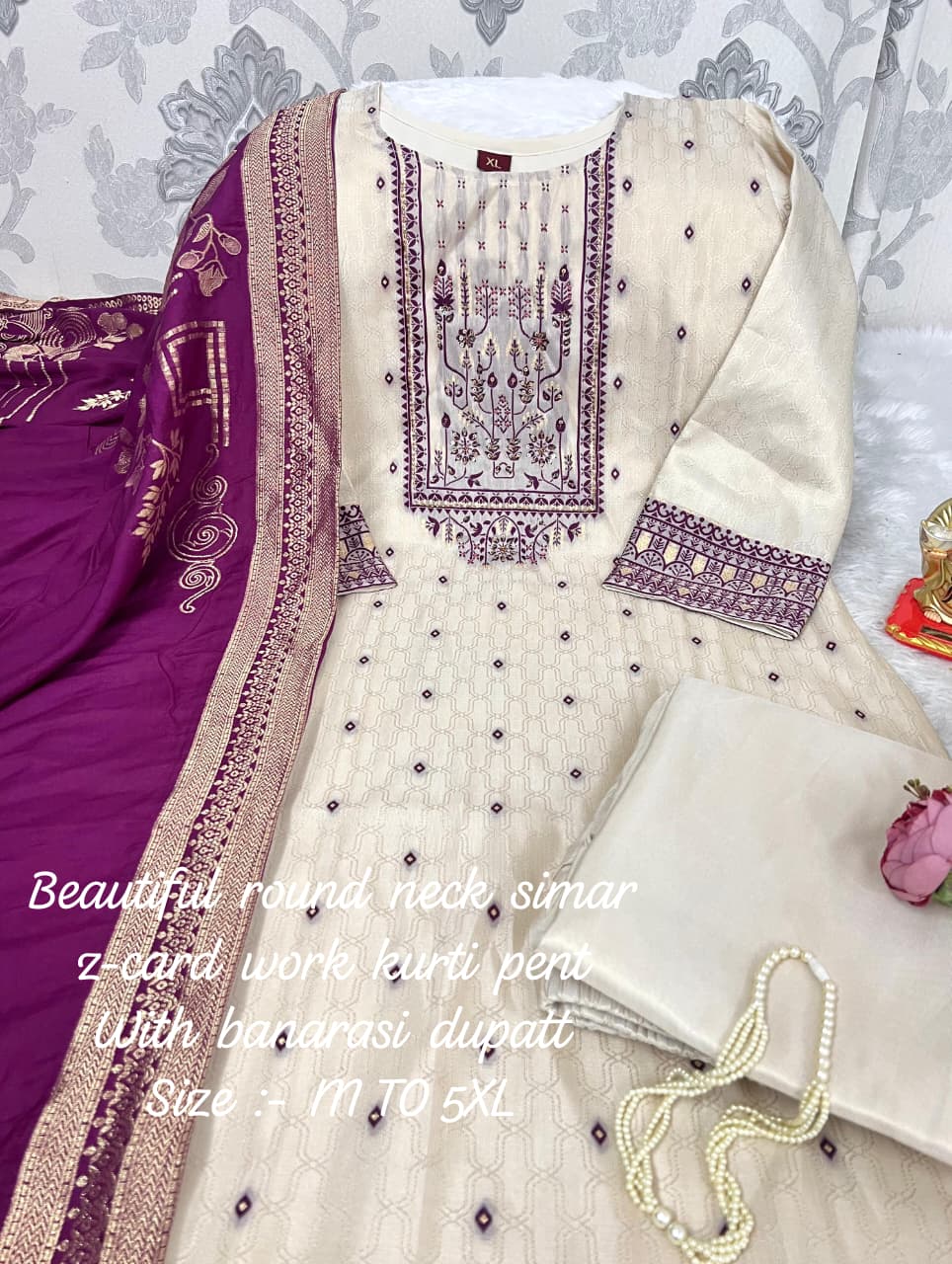 Shimmer Jacquard Silk Handwork Wedding Suit with Pant & Chanderi Dupatta - Image 6