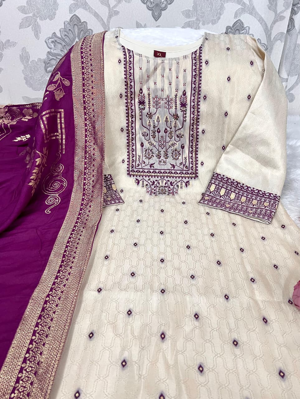Shimmer Jacquard Silk Handwork Wedding Suit with Pant & Chanderi Dupatta