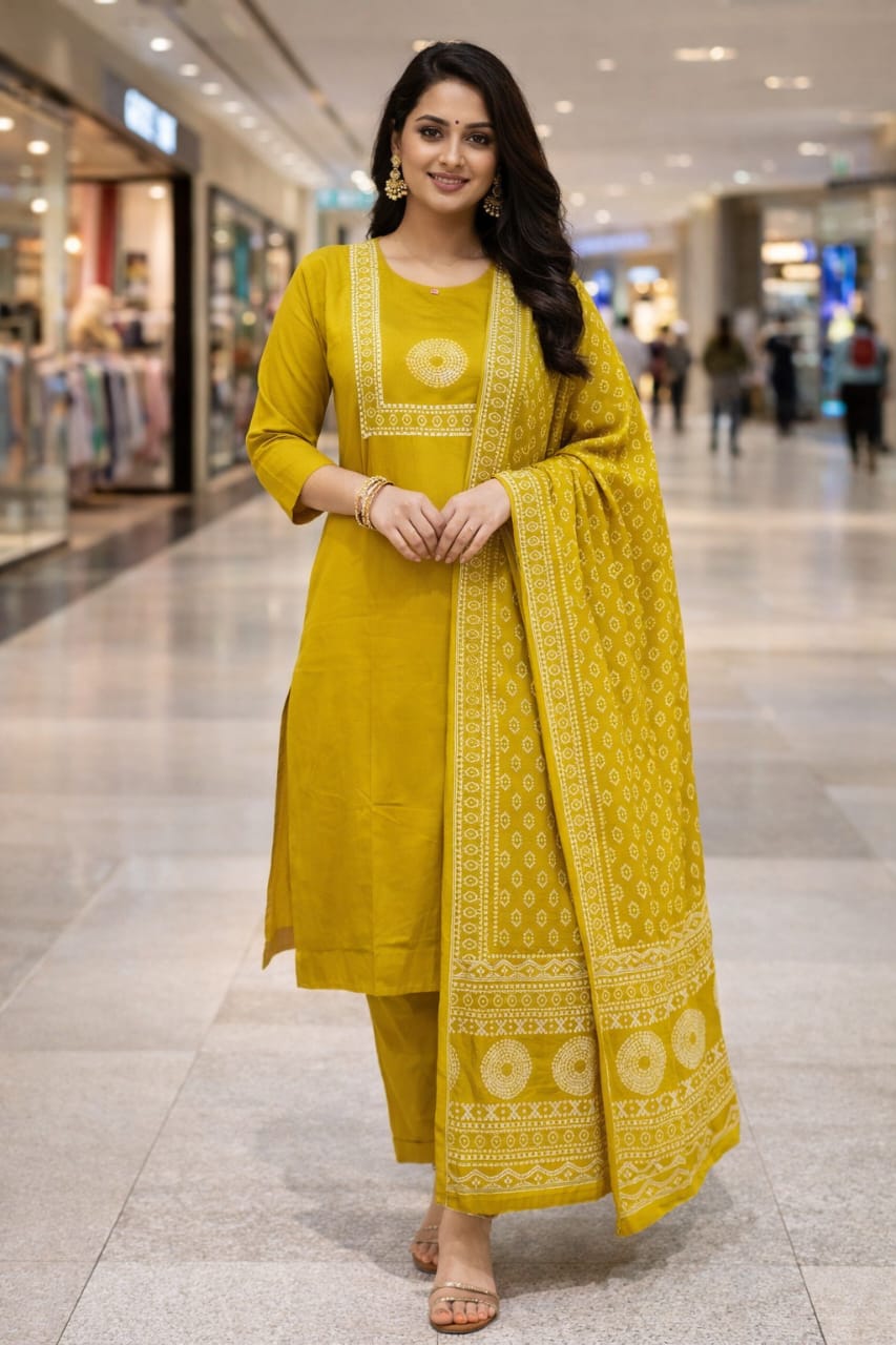 Jaipuri Cotton Heavy Kurti Pant with Mul Cotton Dupatta Set - Image 3