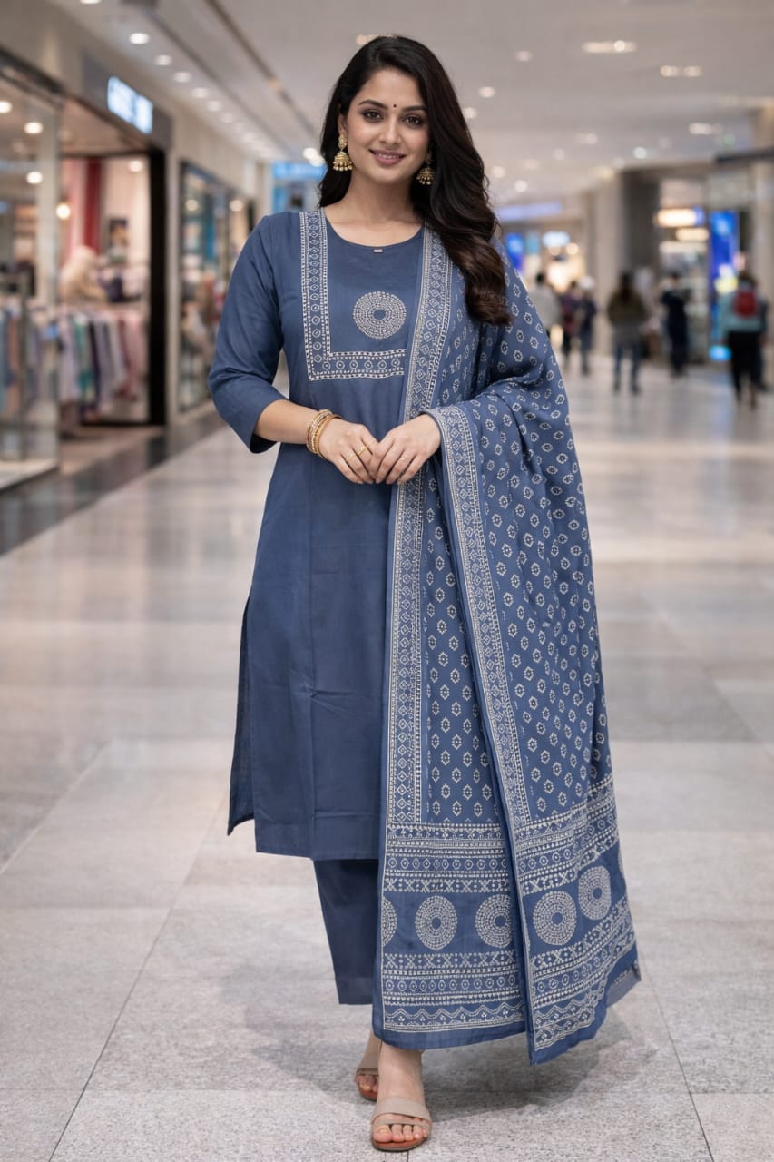 Jaipuri Cotton Heavy Kurti Pant with Mul Cotton Dupatta Set - Image 2