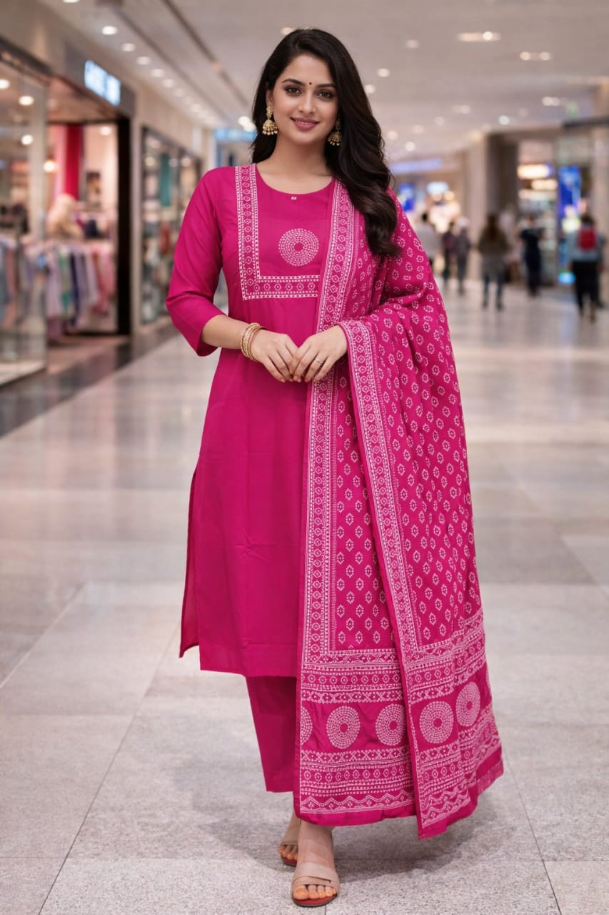 Jaipuri Cotton Heavy Kurti Pant with Mul Cotton Dupatta Set
