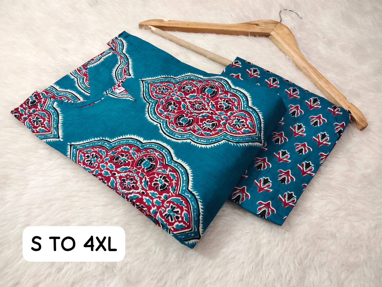 Jaipuri Angrakha Cambric Cotton Kurti Pant Set - Image 2
