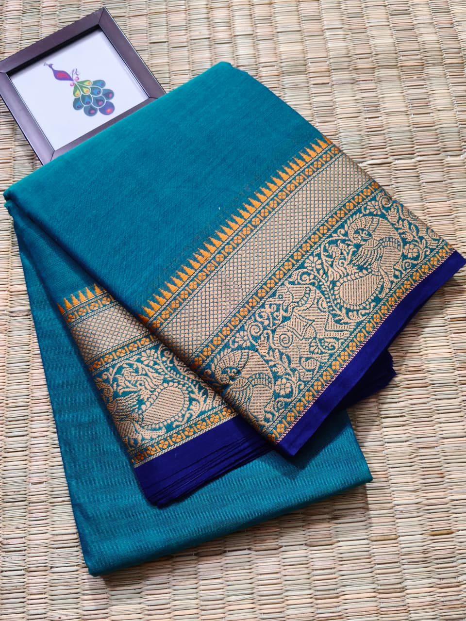 Peacock Thread Kanchi Cotton Elegant Tassel Pallu Saree - Image 4