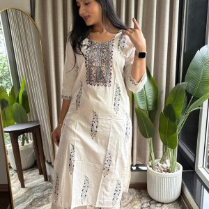 Pure Handloom Cotton Block & Mirror Work Co-ord Set