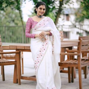 AK White Leaf Embroidered Crush Georgette Designer Saree