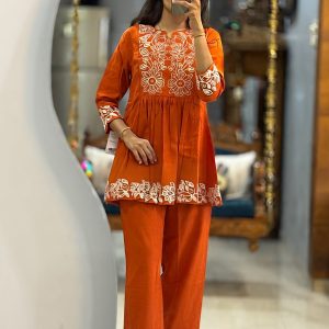 Rust & Purple Premium Cotton Kurta Set with Embroidered Kurti & Pocketed Pants