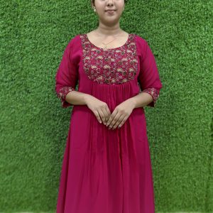 Golden Embroidered Georgette Blooming A-Line Party Wear Dress