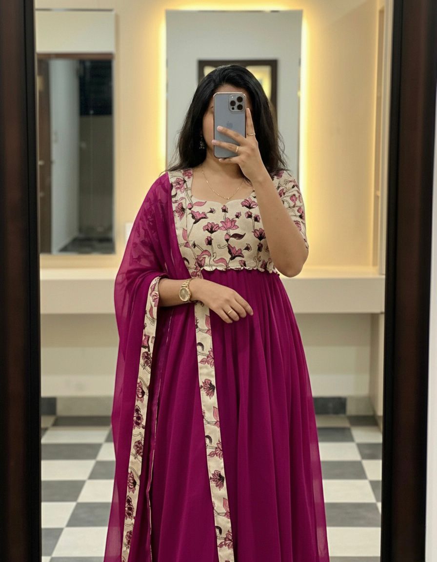 Traditional Kalamkari Fox Georgette Lace Border Outfit Set - Image 4