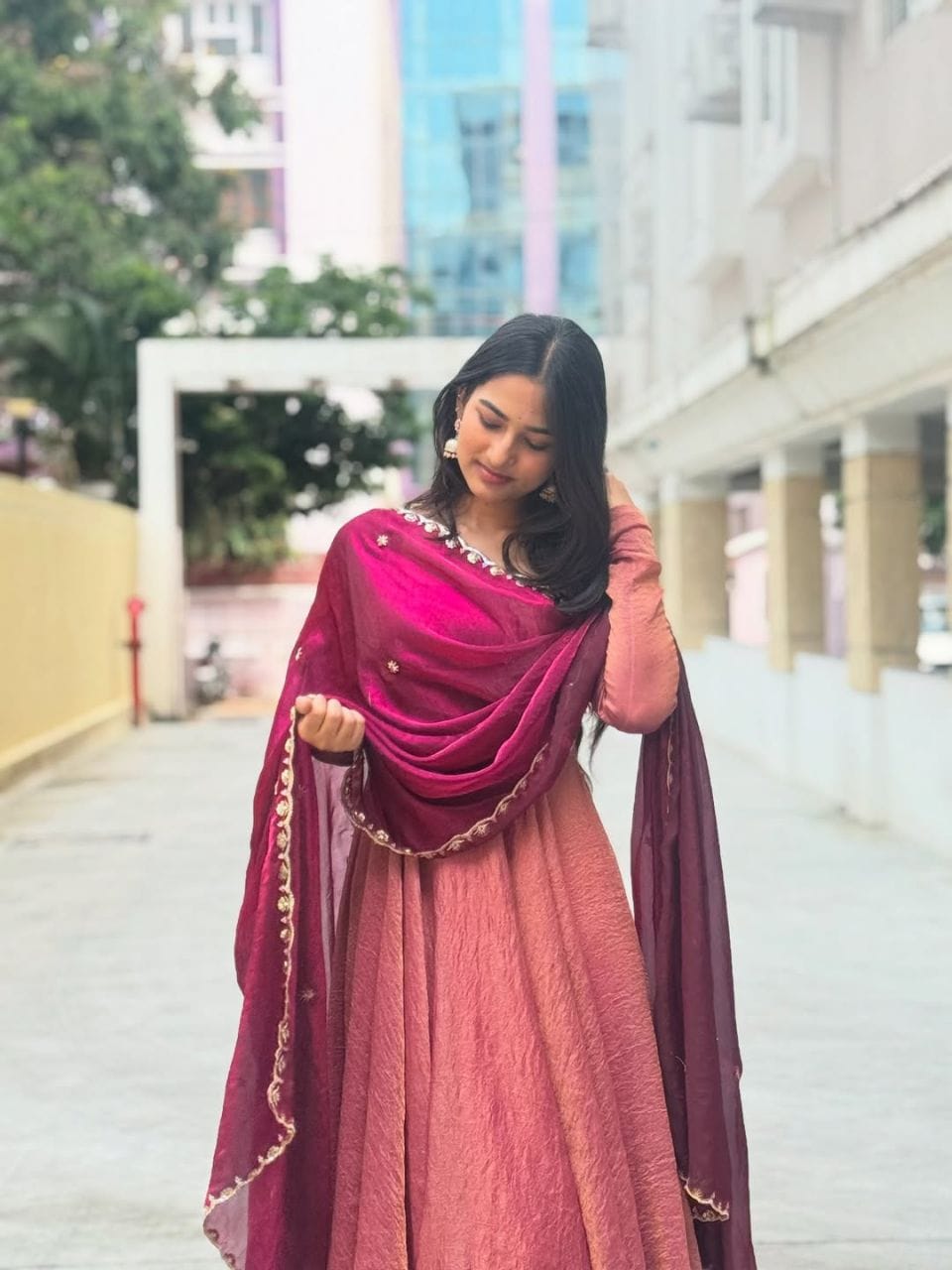Wine Blossom Vichitra Silk Anarkali Gown with Sparkling Georgette Dupatta - Image 6