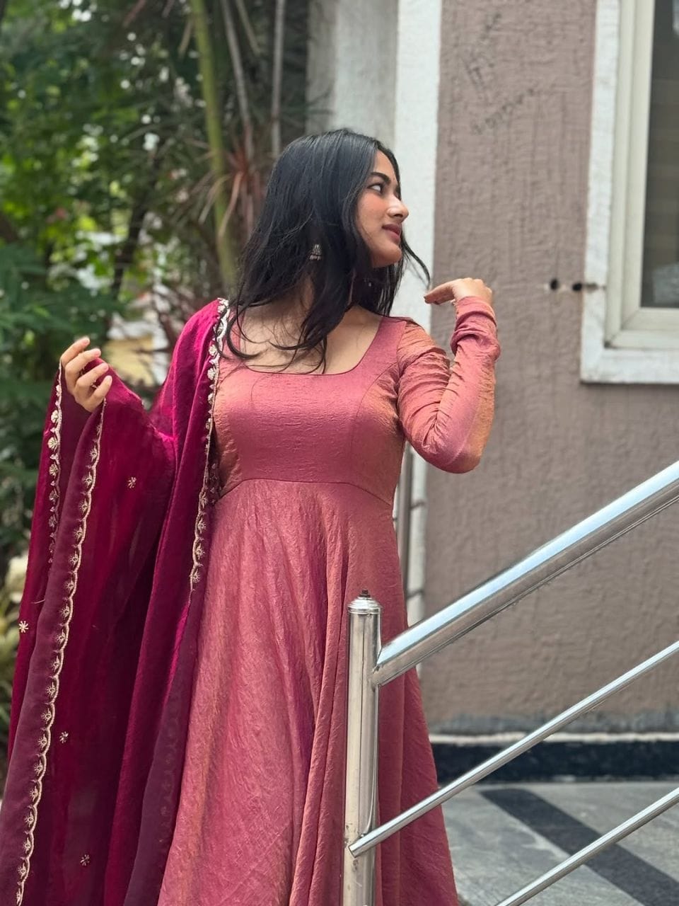 Wine Blossom Vichitra Silk Anarkali Gown with Sparkling Georgette Dupatta - Image 5