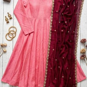 Wine Blossom Vichitra Silk Anarkali Gown with Sparkling Georgette Dupatta