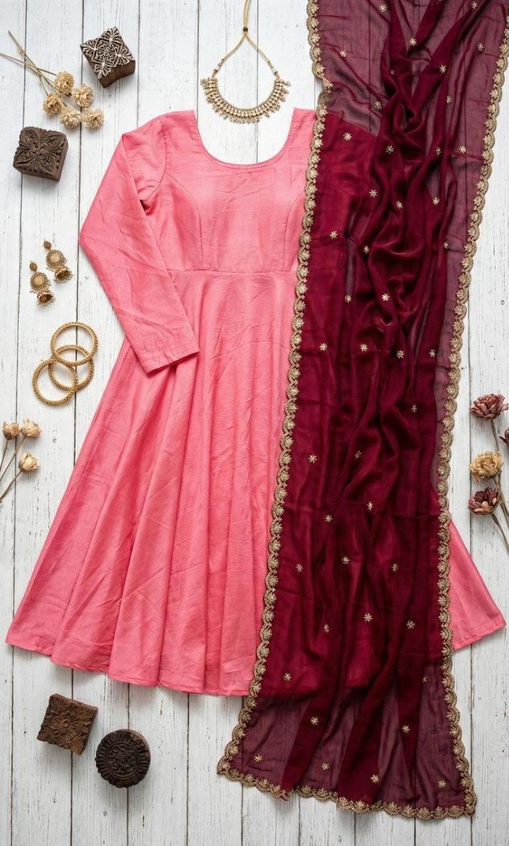 Wine Blossom Vichitra Silk Anarkali Gown with Sparkling Georgette Dupatta