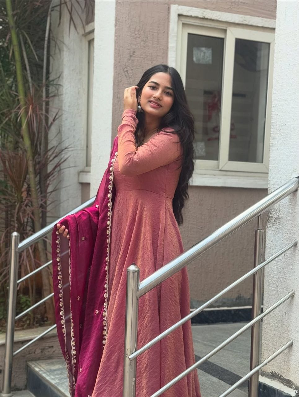 Wine Blossom Vichitra Silk Anarkali Gown with Sparkling Georgette Dupatta - Image 2