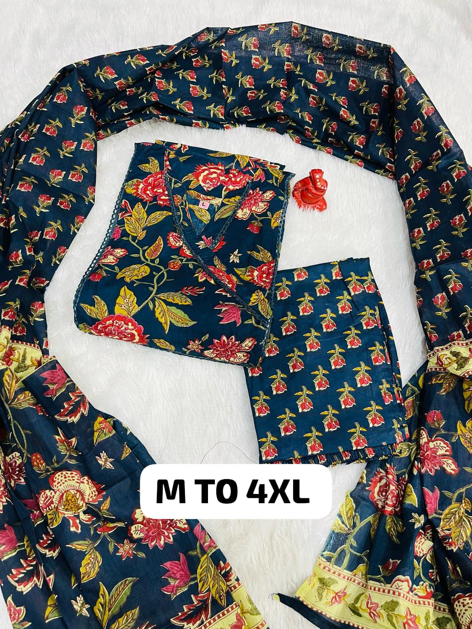Royal Jaipuri Cotton Kurti Pant Dupatta Set - Image 14
