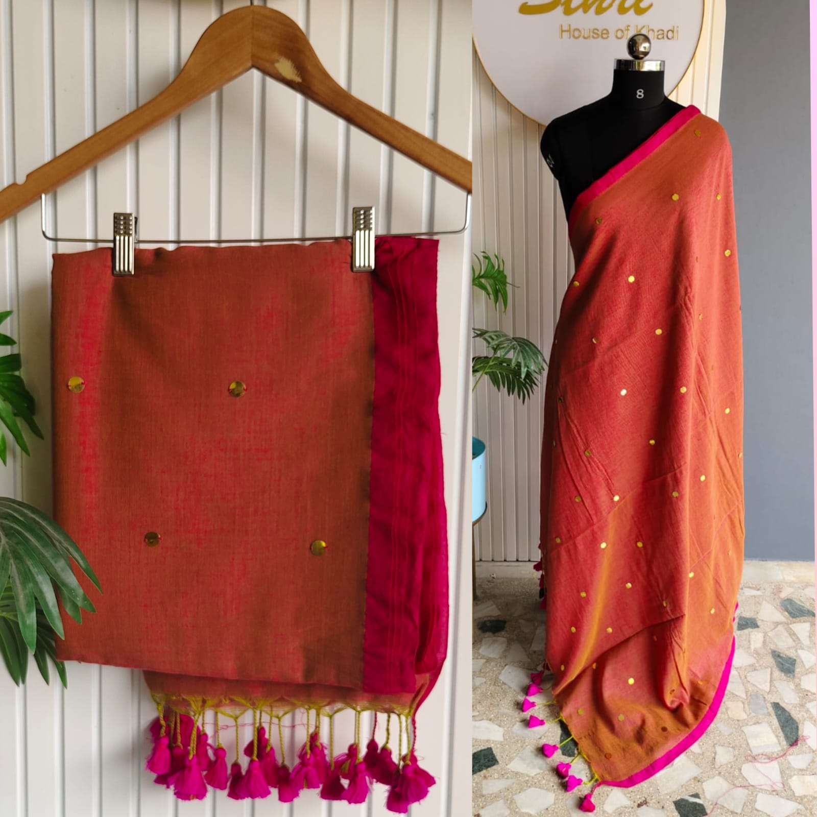 Heritage Khadi Cotton Mirror Work Handloom Saree - Image 16