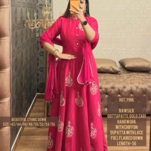 KK Desiner Chandbali Raw Silk Flared Ethnic Gown with Chiffon Dupatta