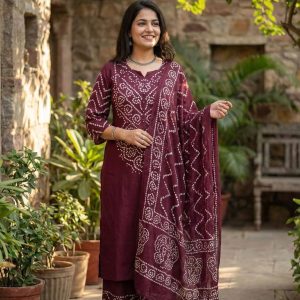 Festive Tubelight Work Cotton Kurti Pant Dupatta Set