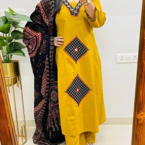 Festive Mirror Work Cotton Kurti Pant Dupatta Set
