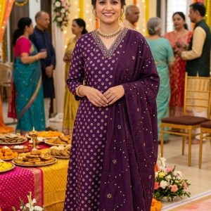 Royal Vatican Silk V-Neck Embroidered Kurti Set