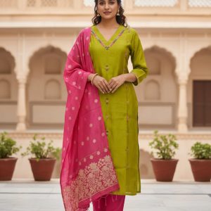 Royal Vatican Silk All-Over Embroidered Kurti Set with Banarasi Ombre Dupatta