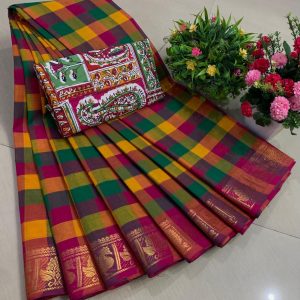 Classic Chettinadu Cotton Saree with Kalamkari Blouse Combo