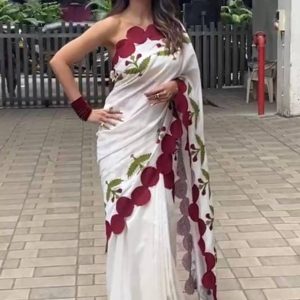 Elegant Pure Linen Digital Print Saree with Cutwork Border