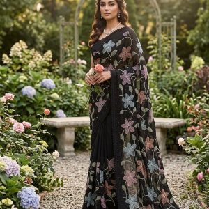 Ivory Crush Chiffon Embroidered Saree with Cutwork Border