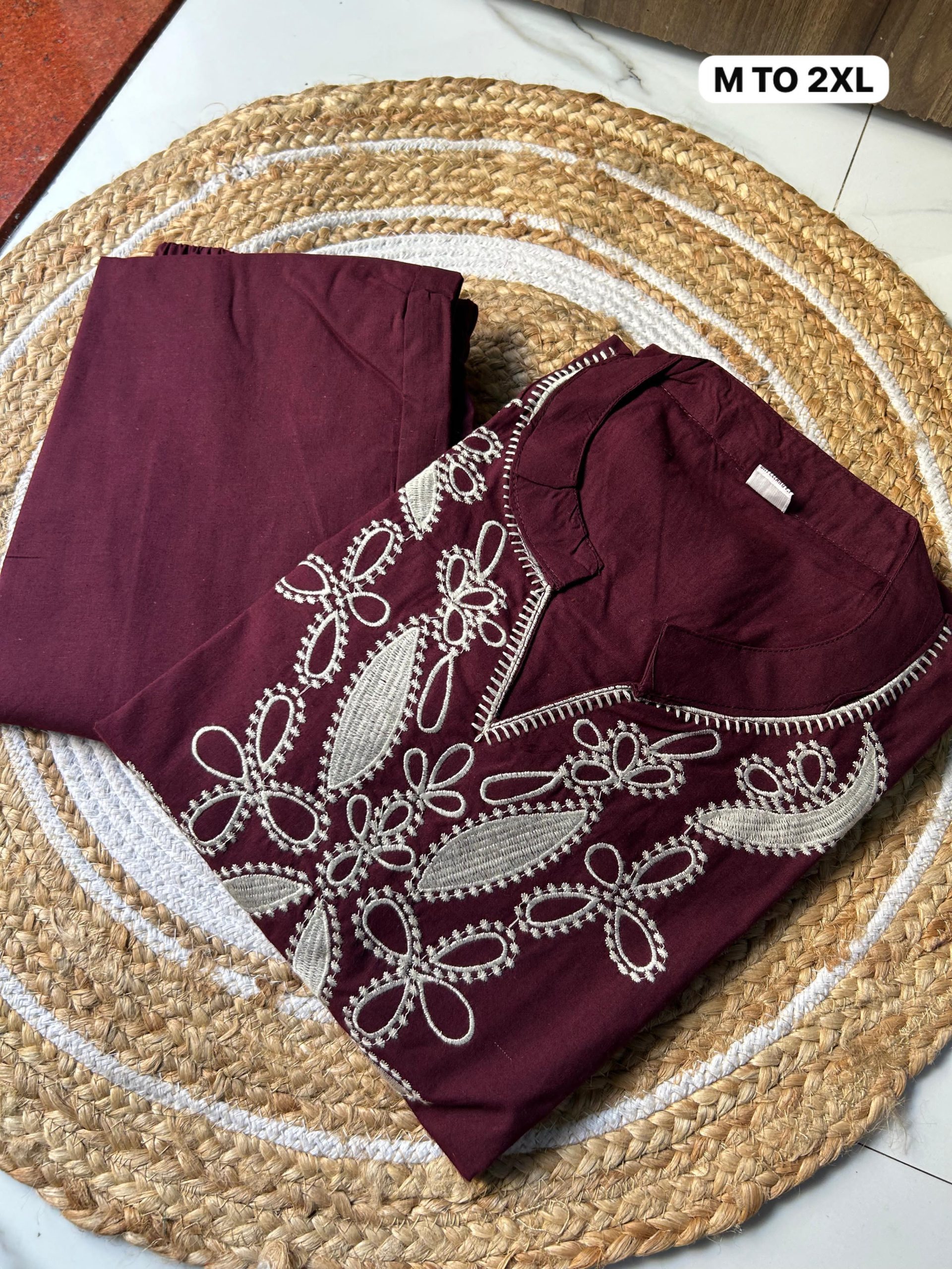 Floral Embroidered Dhabu Cotton Short Top Pant Co-ord Set - Image 4