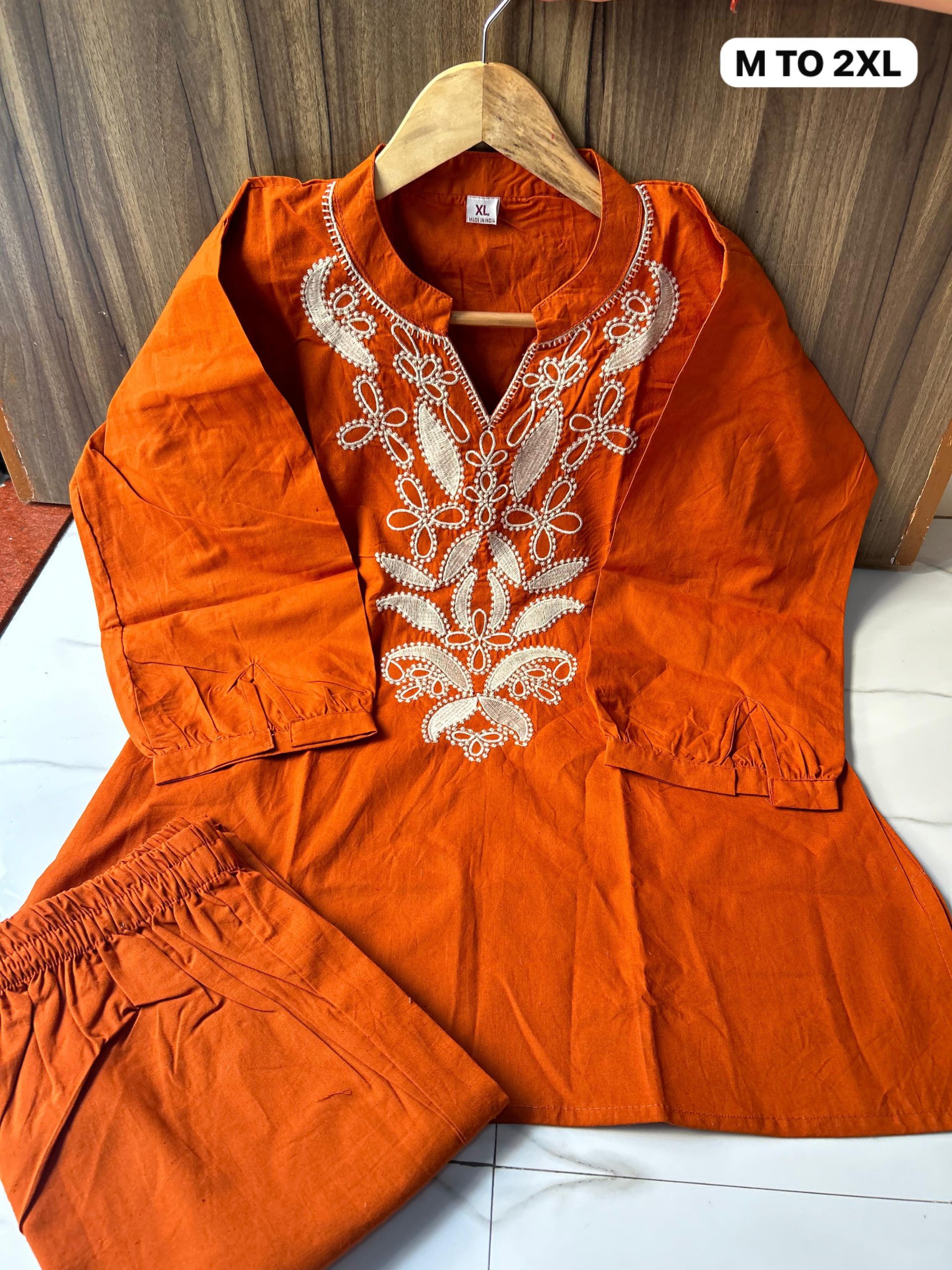 Floral Embroidered Dhabu Cotton Short Top Pant Co-ord Set - Image 2