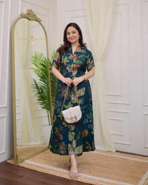 Printed A-Line Button Style Rayon Midi Dress